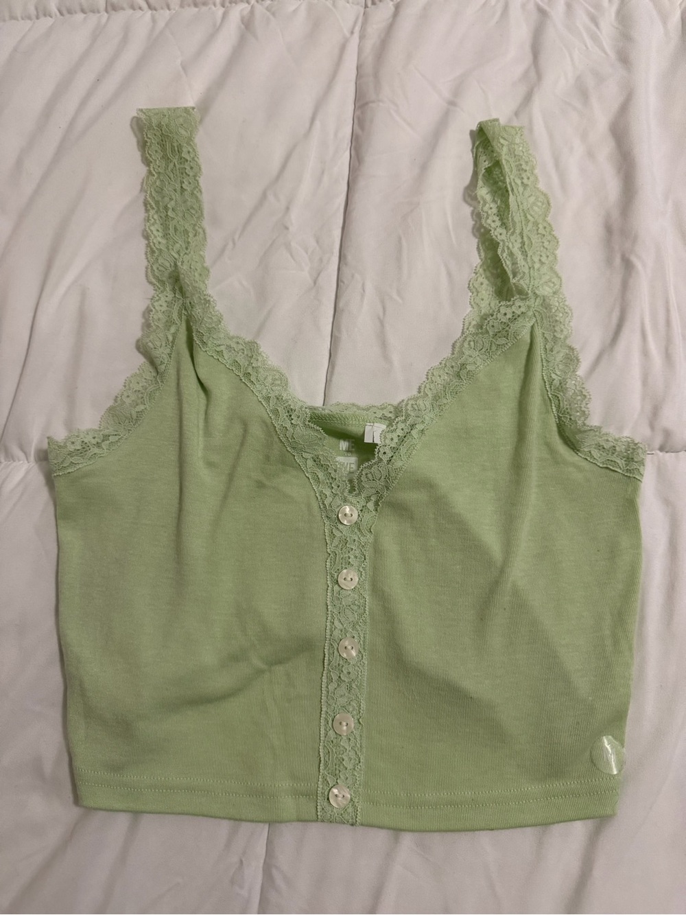 Me to We Light Green Lace-Trim Button Tank